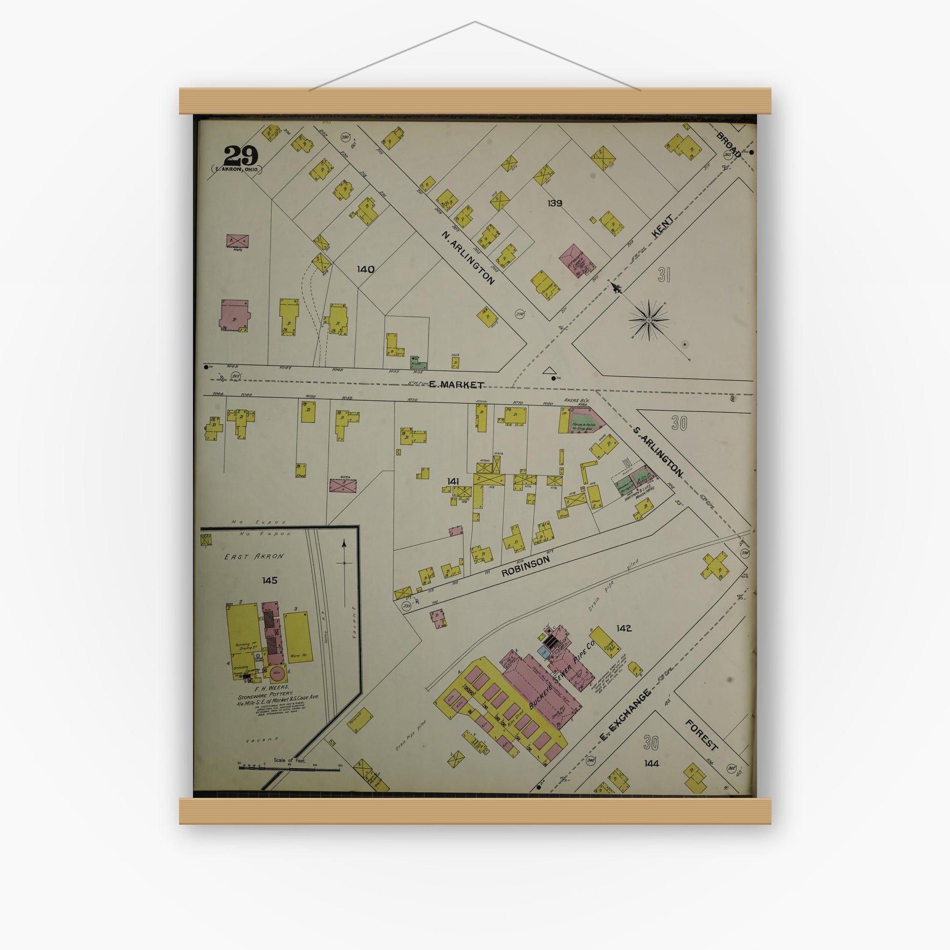 Old map wall art mockup — magnetic wood frame on white wall — Sanborn Fire Insurance Map from Akron, Summit County, Ohio (1892), Sheet #0029