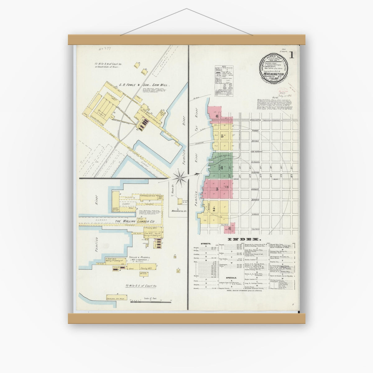 Old map wall art mockup — magnetic wood frame on white wall — Sanborn Fire Insurance Map from Washington, Beaufort County, North Carolina (1896) - Complete Map Set