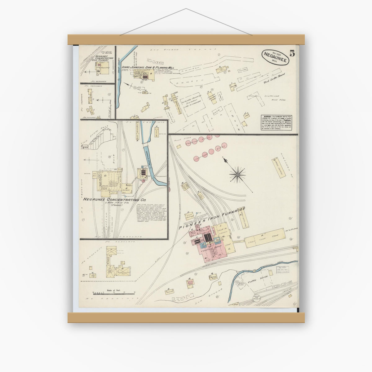 Old map wall art mockup — magnetic wood frame on white wall — Sanborn Fire Insurance Map from Negaunee, Marquette County, Michigan (1884), Sheet #0005