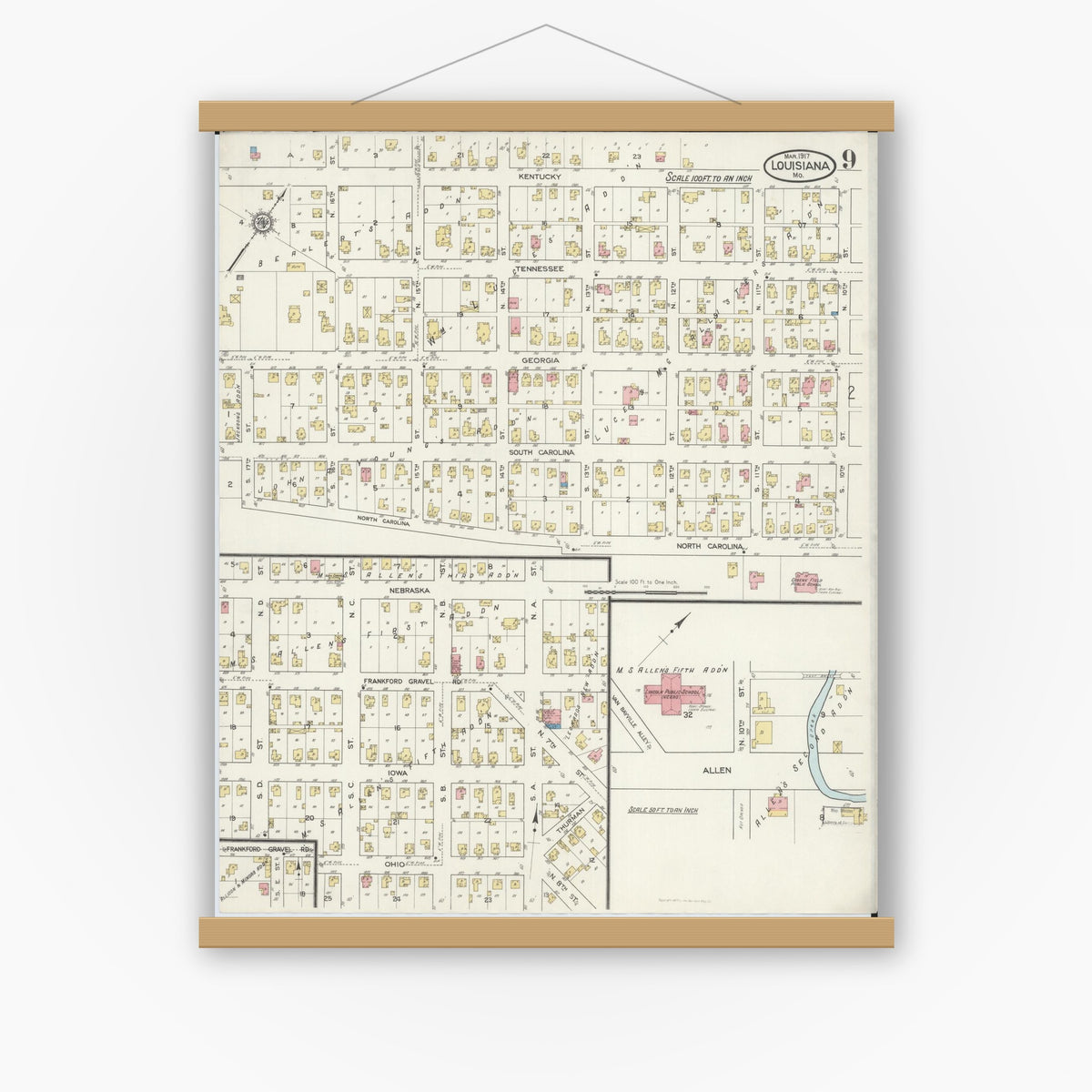 Old map wall art mockup — magnetic wood frame on white wall — Sanborn Fire Insurance Map from Louisiana, Pike County, Missouri (1917), Sheet #0009