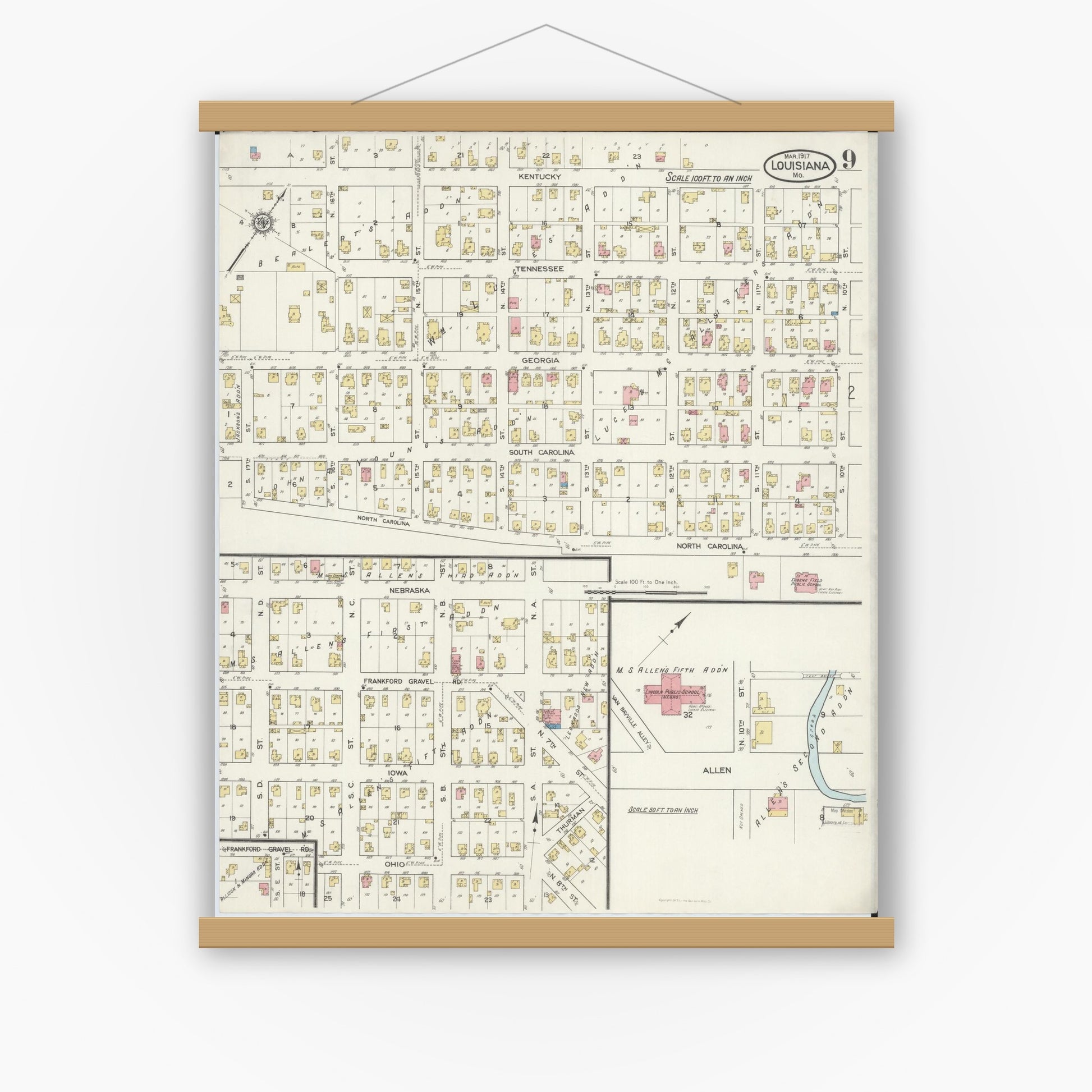 Old map wall art mockup — magnetic wood frame on white wall — Sanborn Fire Insurance Map from Louisiana, Pike County, Missouri (1917), Sheet #0009