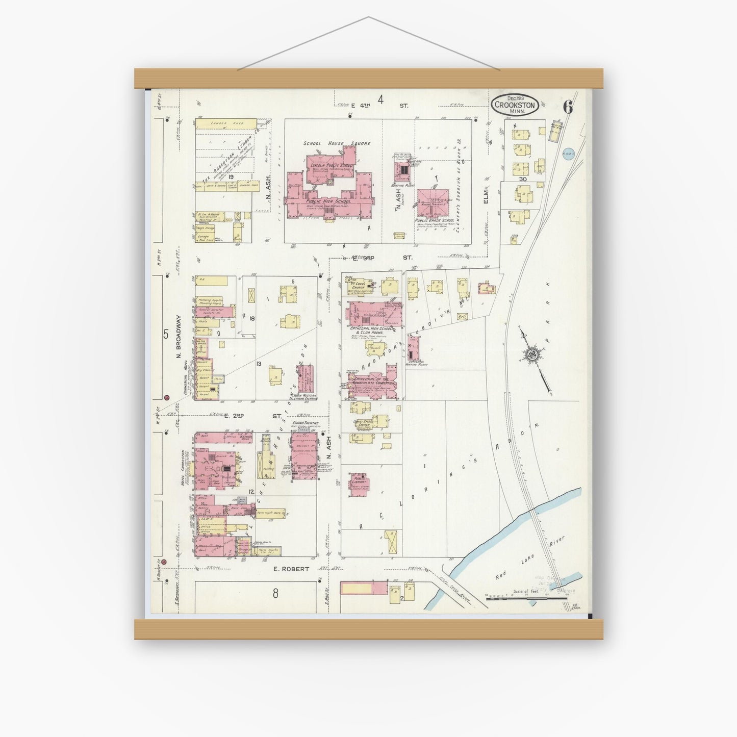 Old map wall art mockup — magnetic wood frame on white wall — Sanborn Fire Insurance Map from Crookston, Polk County, Minnesota (1913), Sheet #0006