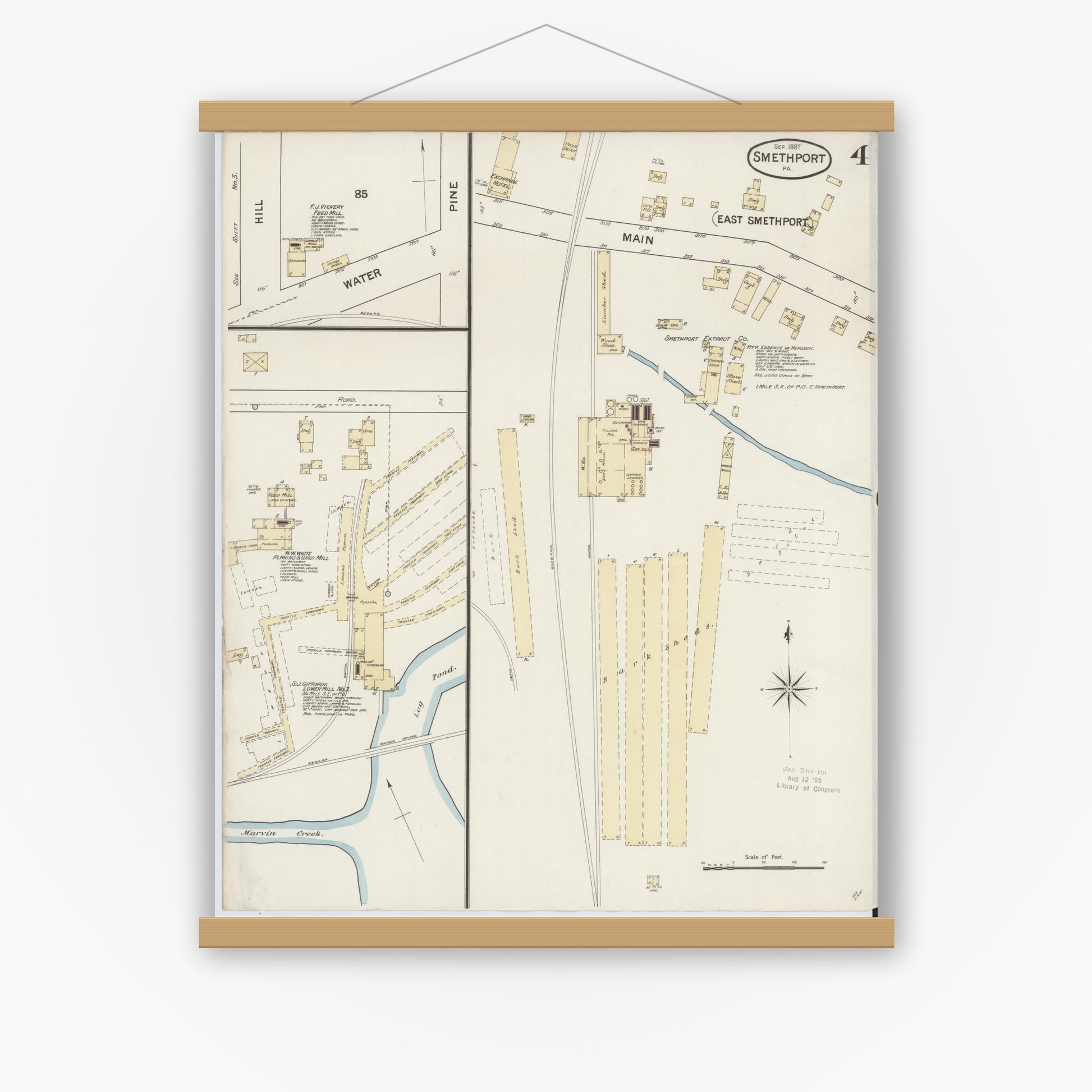 Old map wall art mockup — magnetic wood frame on white wall — Sanborn Fire Insurance Map from Smethport, McKean County, Pennsylvania (1887), Sheet #0004