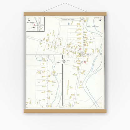 Old map wall art mockup — magnetic wood frame on white wall — Sanborn Fire Insurance Map from Townsend, Middlesex County, Massachusetts (1936), Sheet #0005