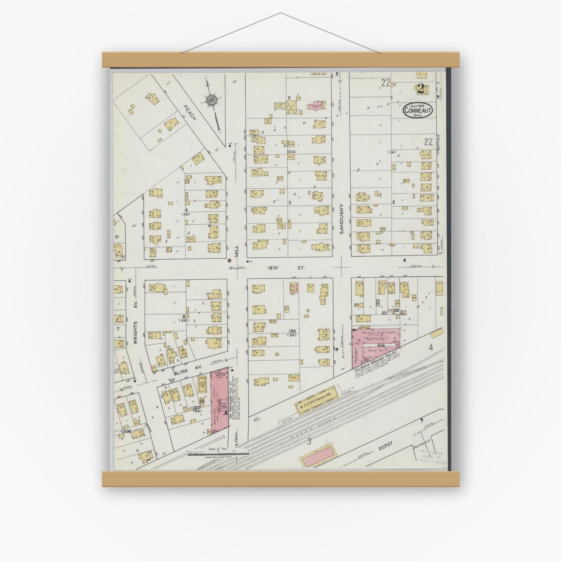 Old map wall art mockup — magnetic wood frame on white wall — Sanborn Fire Insurance Map from Conneaut, Ashtabula County, Ohio (1919), Sheet #0002