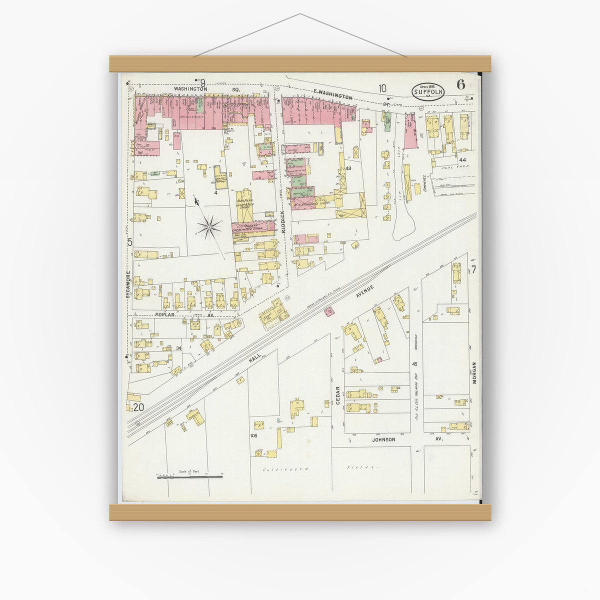 Old map wall art mockup — magnetic wood frame on white wall — Sanborn Fire Insurance Map from Suffolk, Independent Cities, Virginia (1898), Sheet #0006