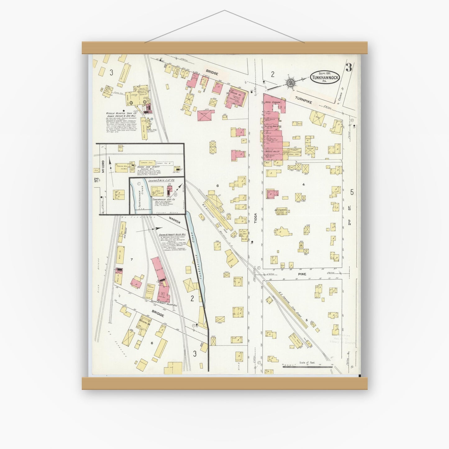 Old map wall art mockup — magnetic wood frame on white wall — Sanborn Fire Insurance Map from Tunkhannock, Wyoming County, Pennsylvania (1911), Sheet #0003