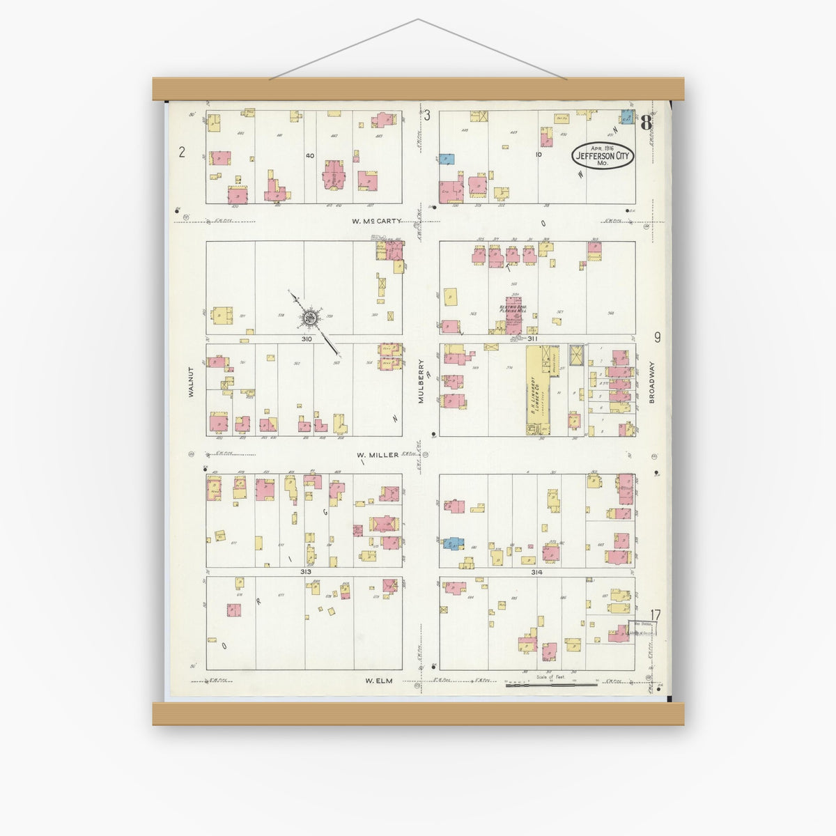 Old map wall art mockup — magnetic wood frame on white wall — Sanborn Fire Insurance Map from Jefferson City, Cole County, Missouri (1916), Sheet #0008