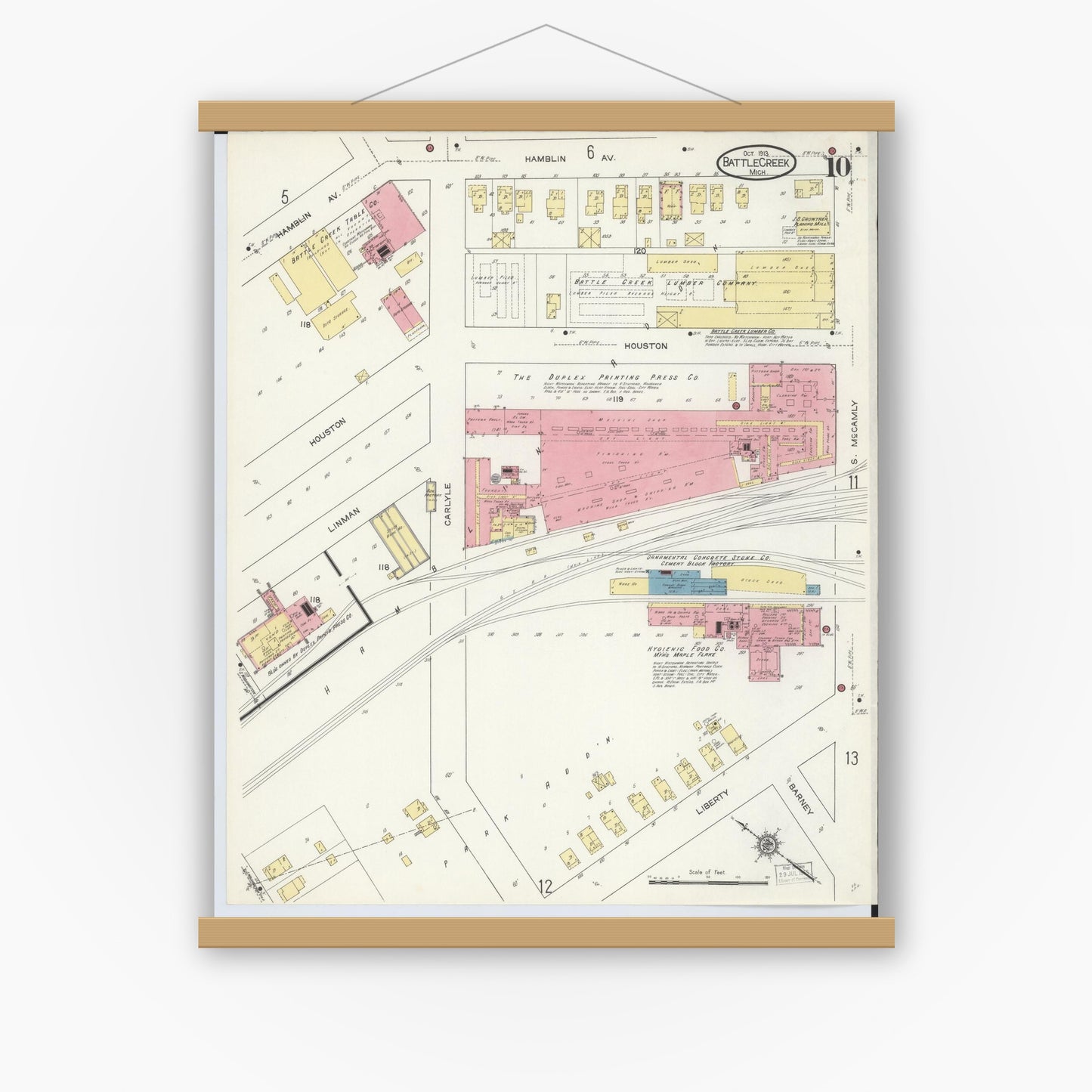 Old map wall art mockup — magnetic wood frame on white wall — Sanborn Fire Insurance Map from Battle Creek, Calhoun County, Michigan (1913), Sheet #0010