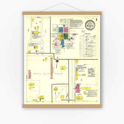 Old map wall art mockup — magnetic wood frame on white wall — Sanborn Fire Insurance Map from Arlington, Tarrant County, Texas (1911), Sheet #0001