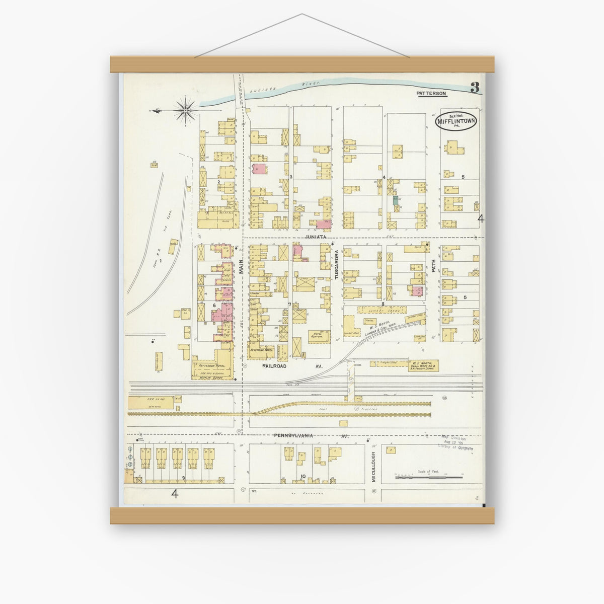 Old map wall art mockup — magnetic wood frame on white wall — Sanborn Fire Insurance Map from Mifflintown, Juniata County, Pennsylvania (1904), Sheet #0003