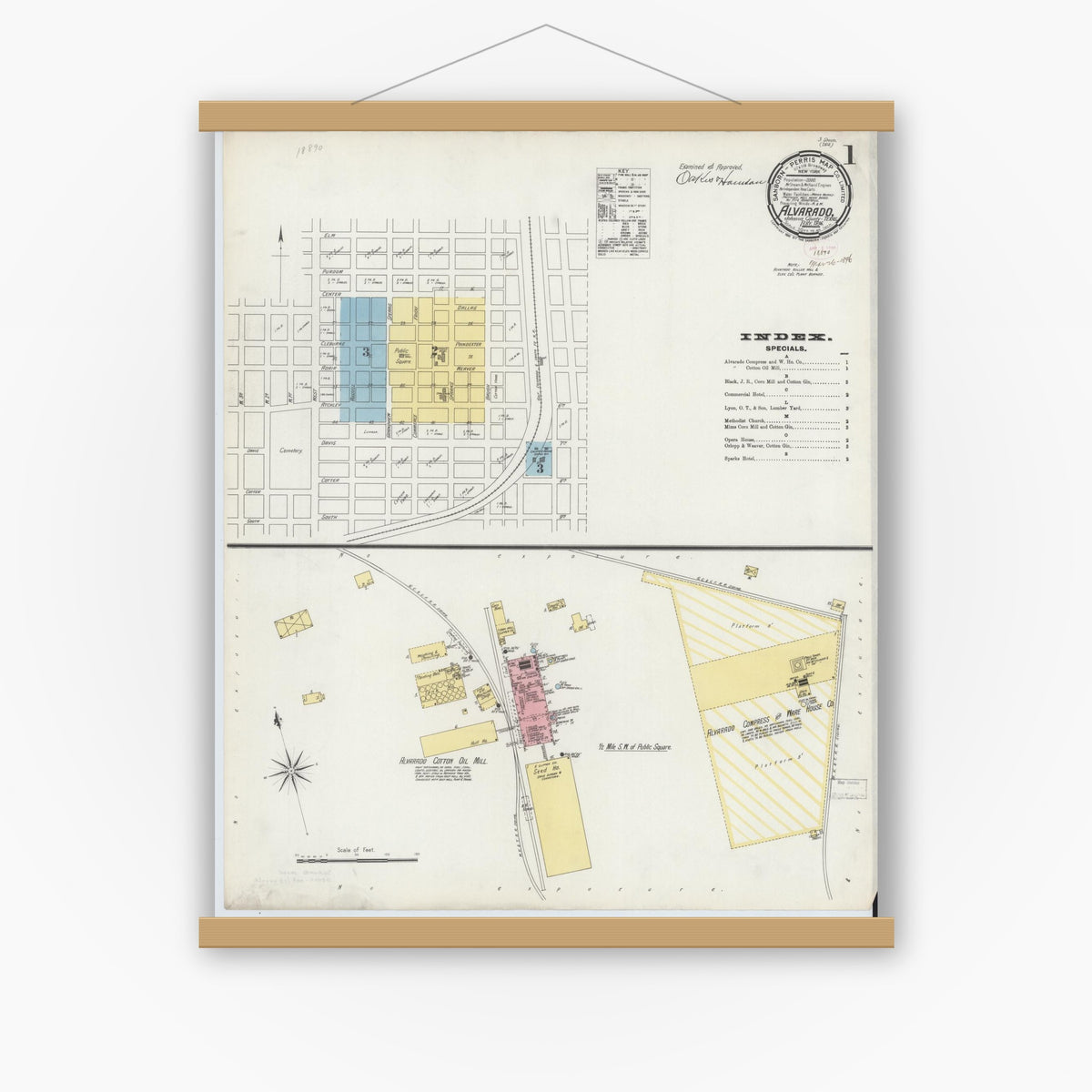 Old map wall art mockup — magnetic wood frame on white wall — Sanborn Fire Insurance Map from Alvarado, Johnson County, Texas (1896) - Complete Map Set