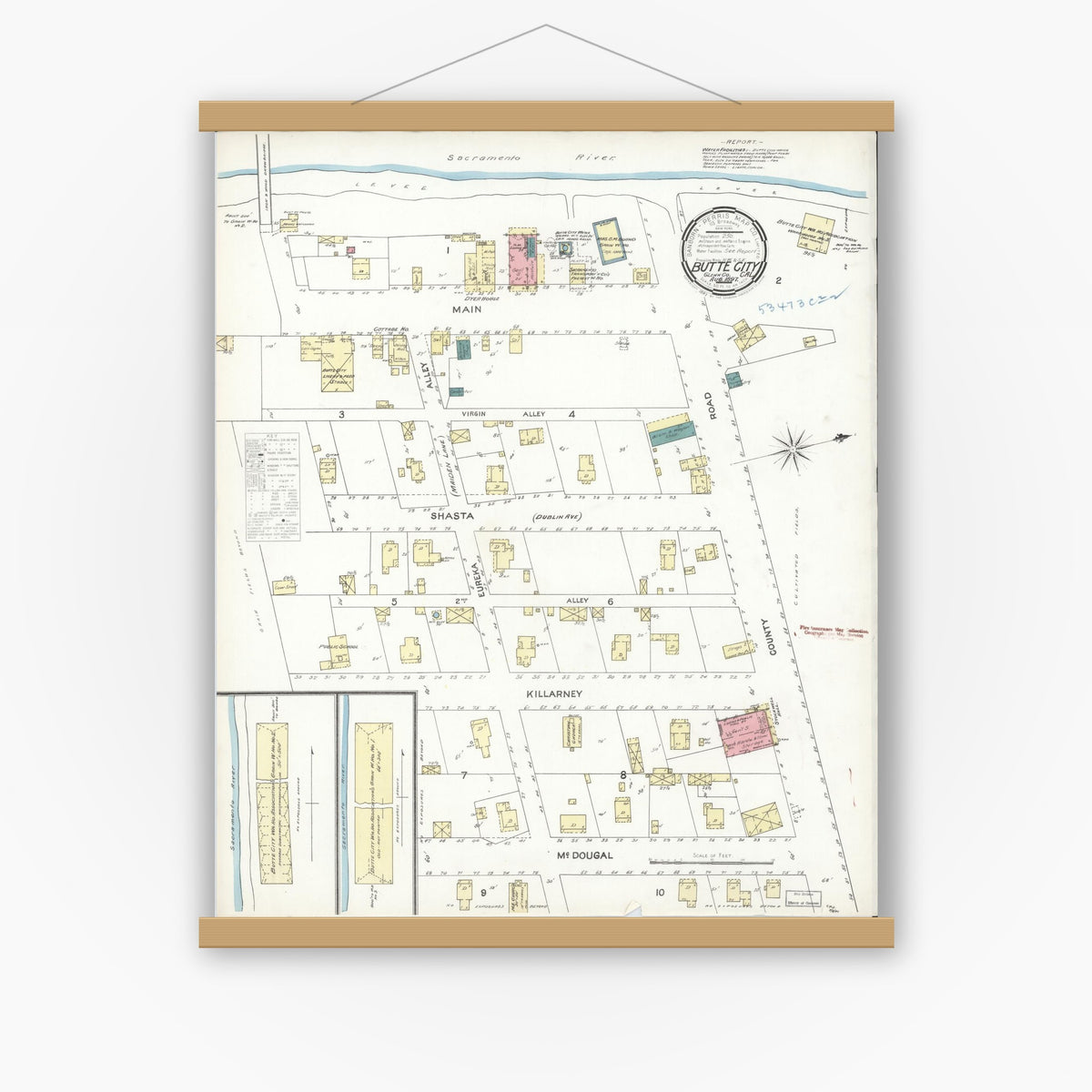 Old map wall art mockup — magnetic wood frame on white wall — Sanborn Fire Insurance Map from Butte City, Glenn County, California (1897), Sheet #0001