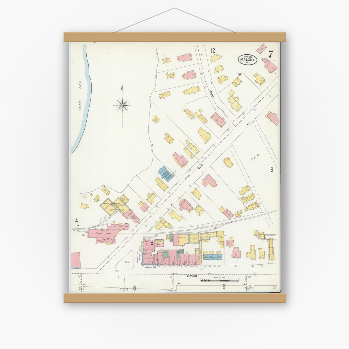 Old map wall art mockup — magnetic wood frame on white wall — Sanborn Fire Insurance Map from Malone, Franklin County, New York (1903), Sheet #0007