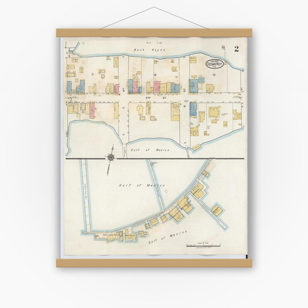 Old map wall art mockup — magnetic wood frame on white wall — Sanborn Fire Insurance Map from Cedar Key, Levy County, Florida (1933), Sheet #0002