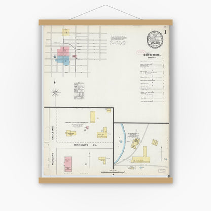 Old map wall art mockup — magnetic wood frame on white wall — Sanborn Fire Insurance Map from De Land, Volusia County, Florida (1892), Sheet #0001