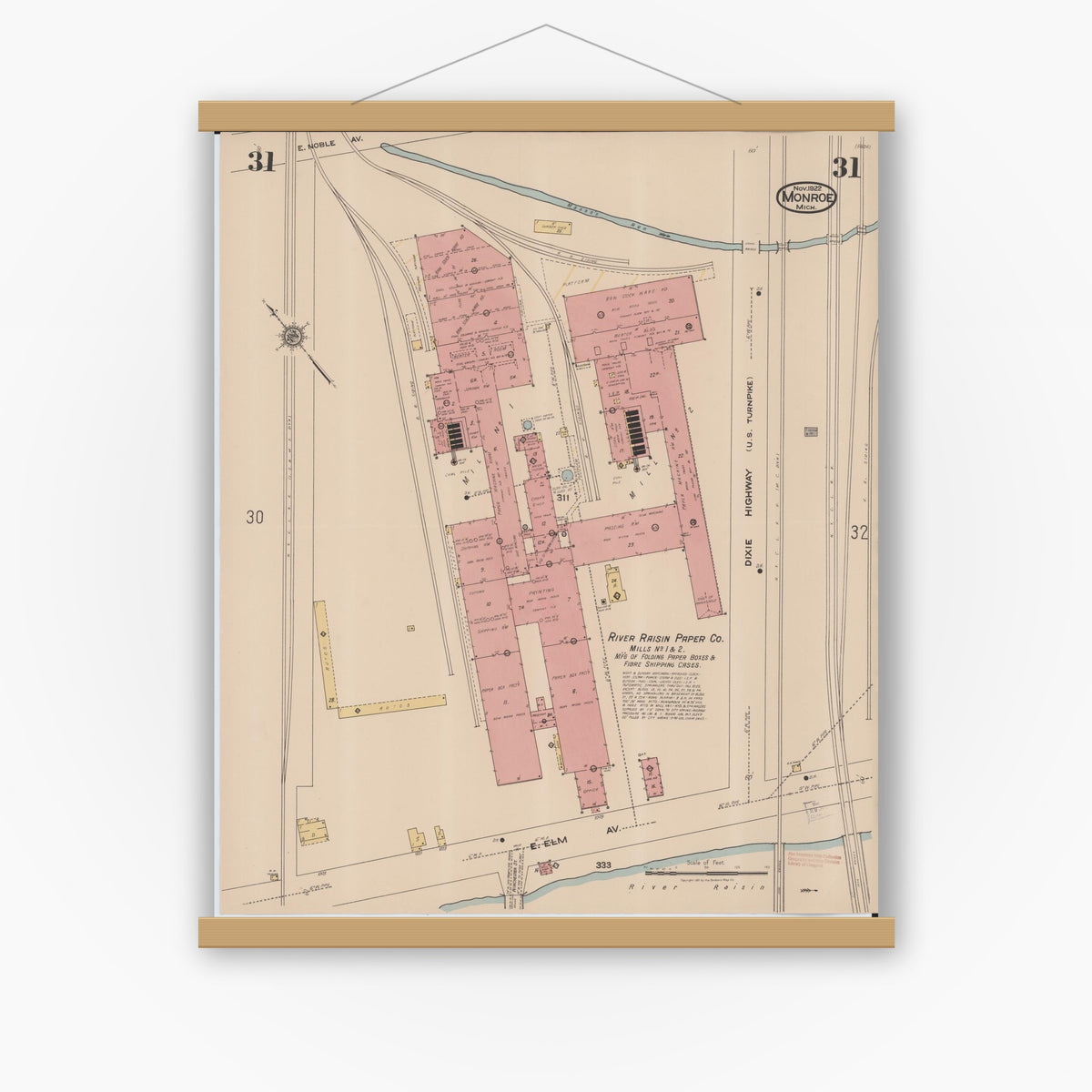 Old map wall art mockup — magnetic wood frame on white wall — Sanborn Fire Insurance Map from Monroe, Monroe County, Michigan (1922), Sheet #0031