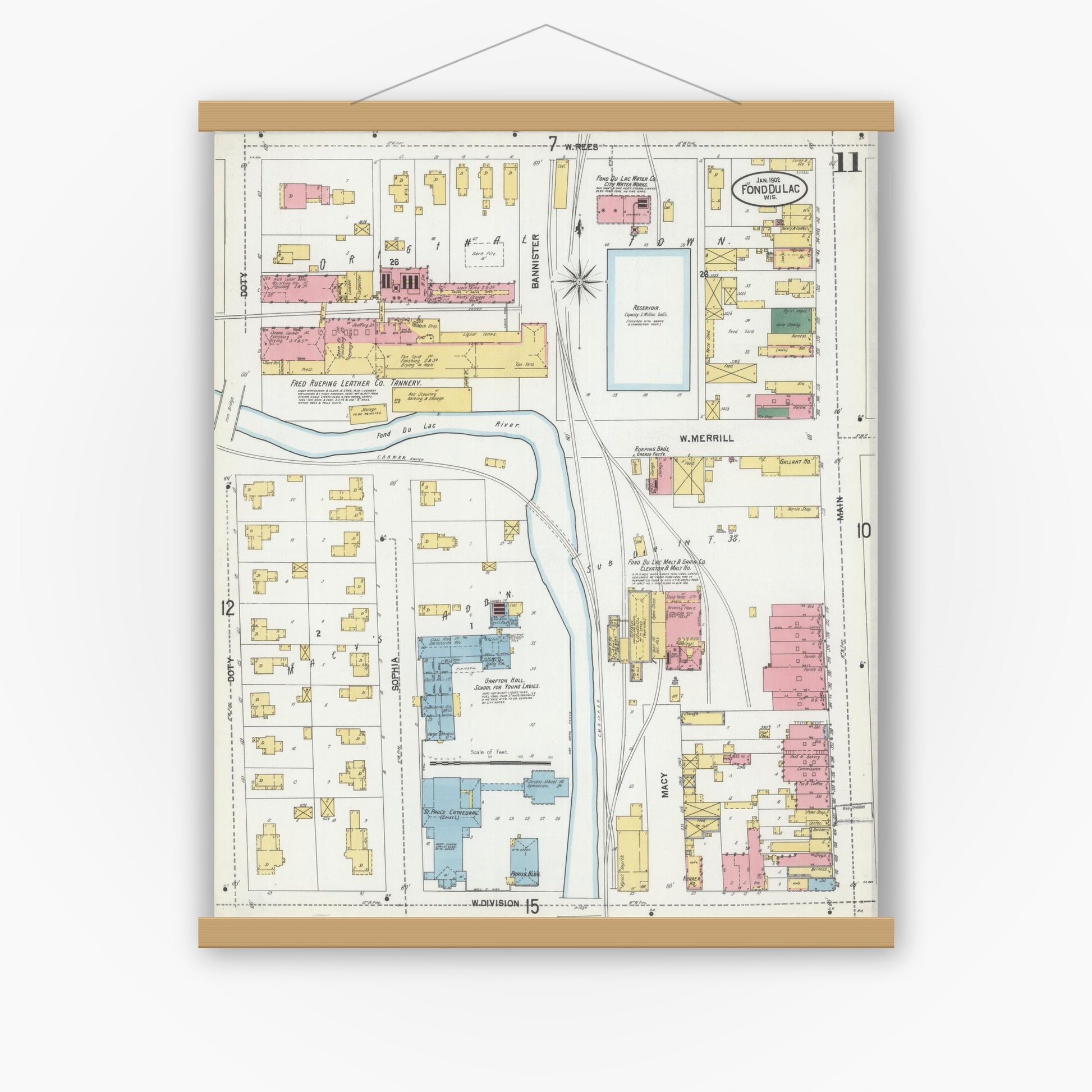Old map wall art mockup — magnetic wood frame on white wall — Sanborn Fire Insurance Map from Fond du Lac, Fond du Lac County, Wisconsin (1902), Sheet #0011