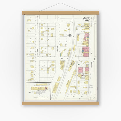 Old map wall art mockup — magnetic wood frame on white wall — Sanborn Fire Insurance Map from Shelby, Oceana County, Michigan (1910), Sheet #0003