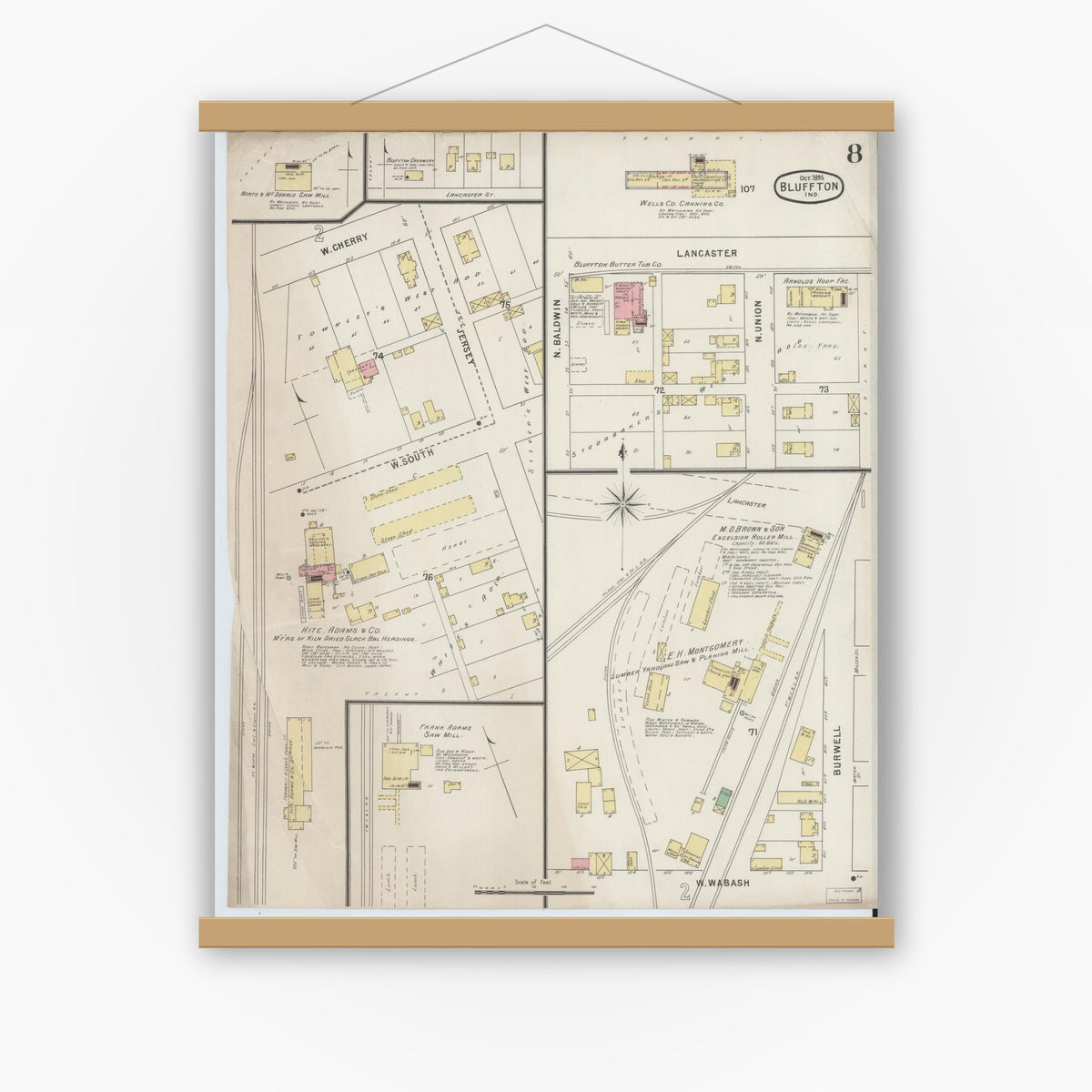 Old map wall art mockup — magnetic wood frame on white wall — Sanborn Fire Insurance Map from Bluffton, Wells County, Indiana (1895), Sheet #0008