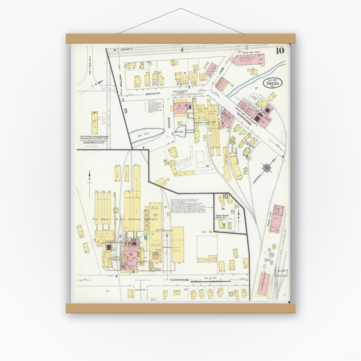 Old map wall art mockup — magnetic wood frame on white wall — Sanborn Fire Insurance Map from Oneida, Madison County, New York (1909), Sheet #0010
