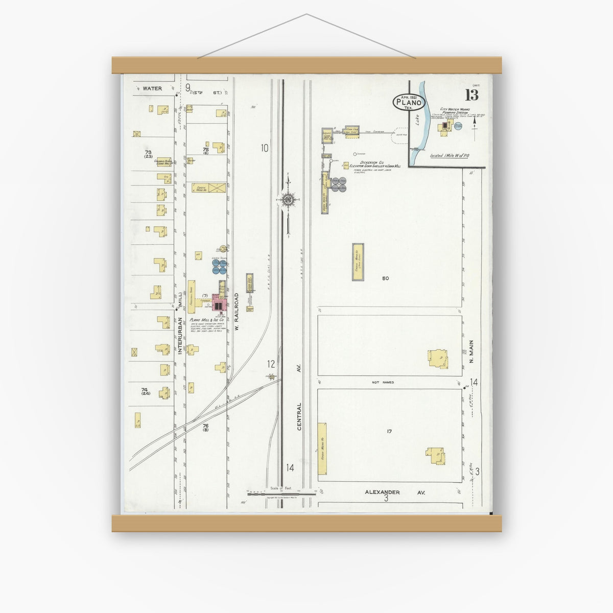 Old map wall art mockup — magnetic wood frame on white wall — Sanborn Fire Insurance Map from Plano, Collin County, Texas (1921), Sheet #0013