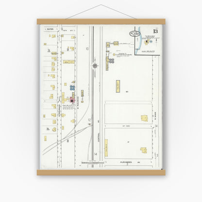 Old map wall art mockup — magnetic wood frame on white wall — Sanborn Fire Insurance Map from Plano, Collin County, Texas (1921), Sheet #0013
