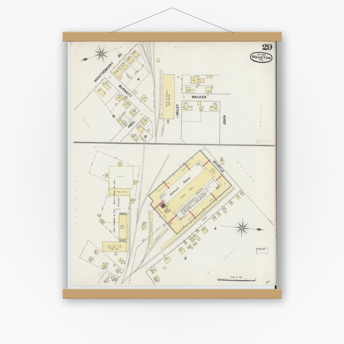 Old map wall art mockup — magnetic wood frame on white wall — Sanborn Fire Insurance Map from Houston, Harris County, Texas (1890), Sheet #0029