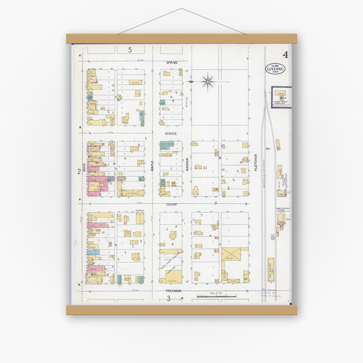Old map wall art mockup — magnetic wood frame on white wall — Sanborn Fire Insurance Map from Luverne, Rock County, Minnesota (1900), Sheet #0004