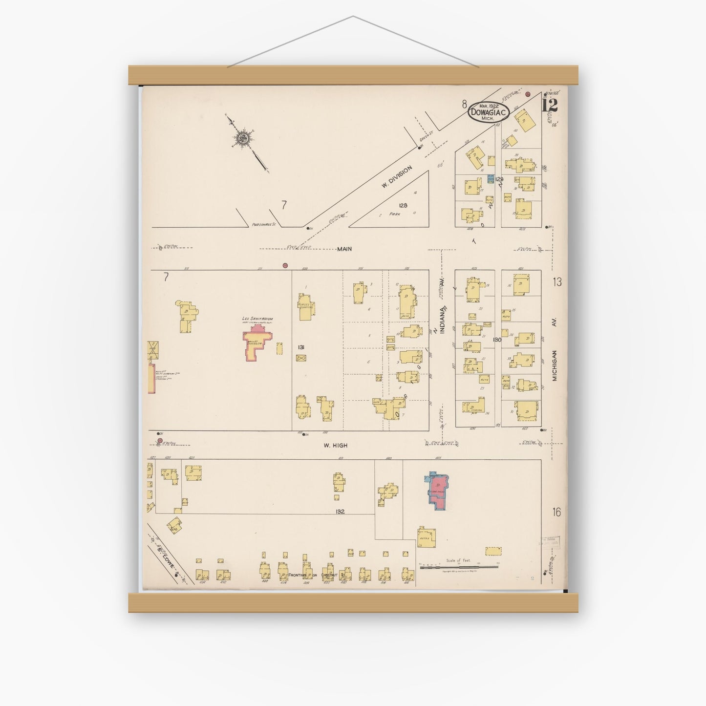 Old map wall art mockup — magnetic wood frame on white wall — Sanborn Fire Insurance Map from Dowagiac, Cass County, Michigan (1922), Sheet #0012