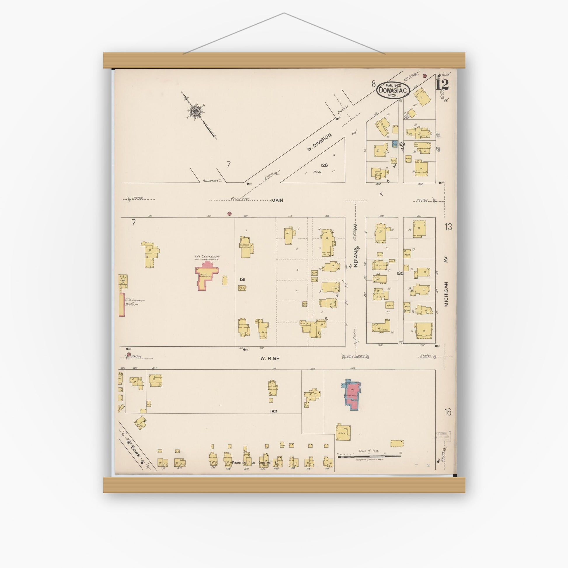 Old map wall art mockup — magnetic wood frame on white wall — Sanborn Fire Insurance Map from Dowagiac, Cass County, Michigan (1922), Sheet #0012