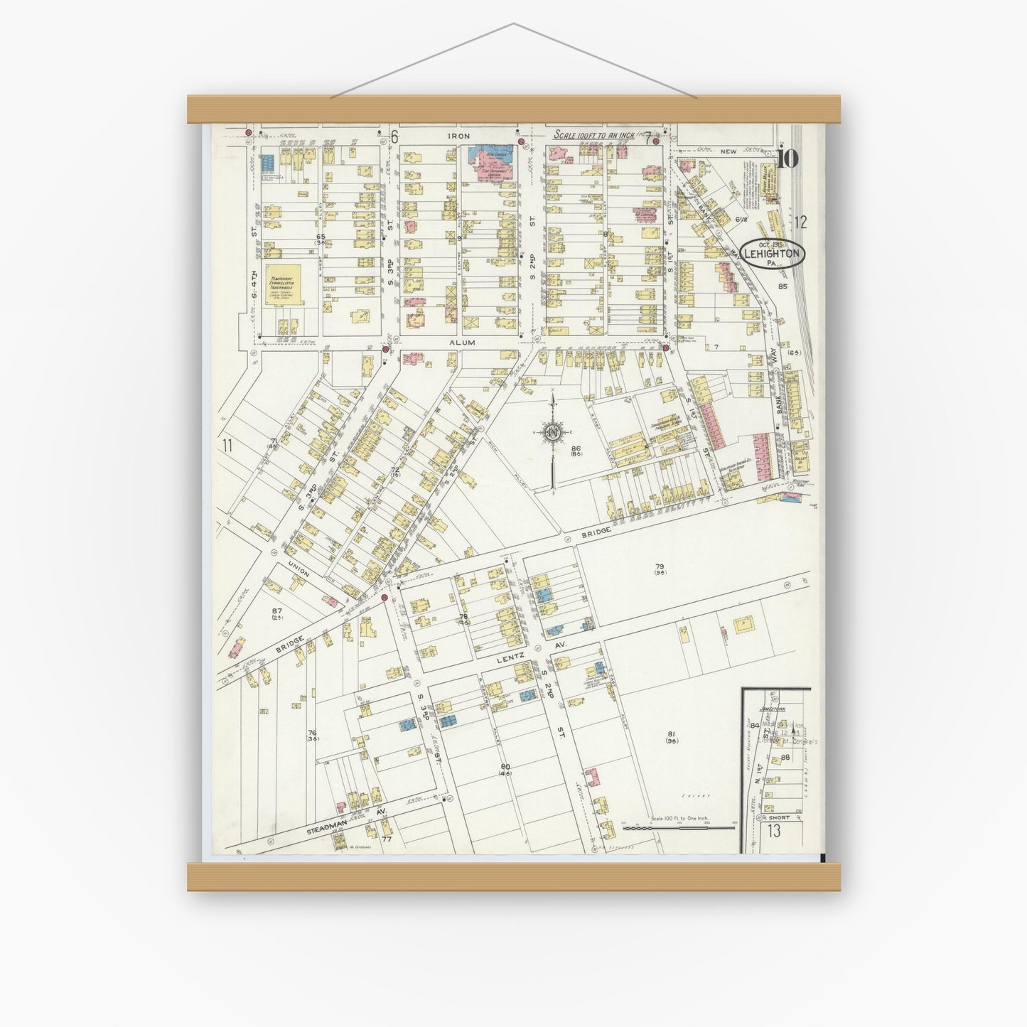 Old map wall art mockup — magnetic wood frame on white wall — Sanborn Fire Insurance Map from Lehighton, Carbon County, Pennsylvania (1915), Sheet #0010