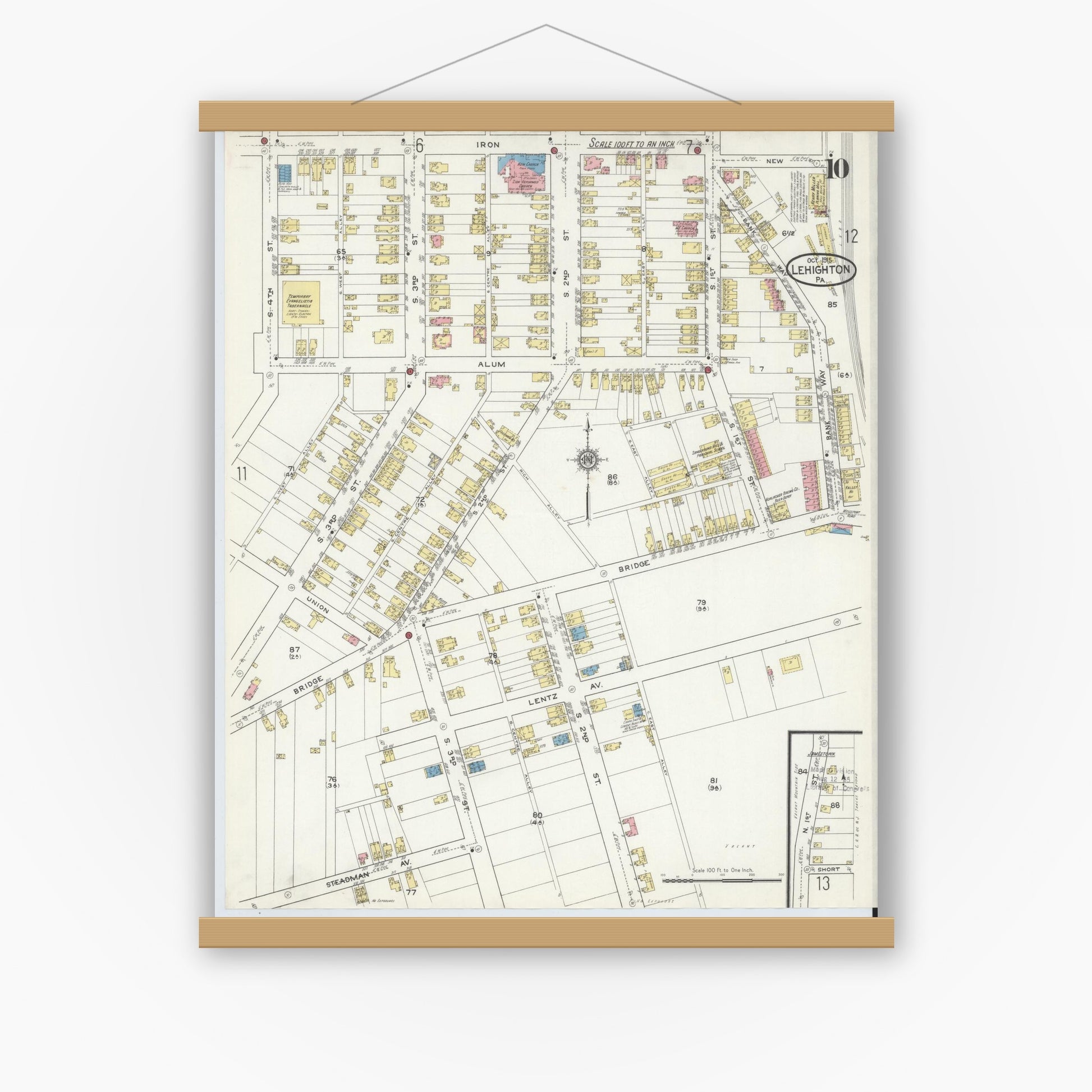 Old map wall art mockup — magnetic wood frame on white wall — Sanborn Fire Insurance Map from Lehighton, Carbon County, Pennsylvania (1915), Sheet #0010