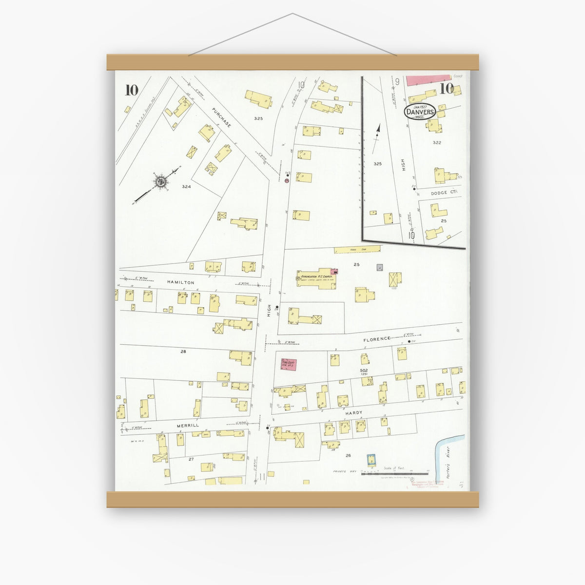 Old map wall art mockup — magnetic wood frame on white wall — Sanborn Fire Insurance Map from Danvers, Essex County, Massachusetts (1927), Sheet #0010