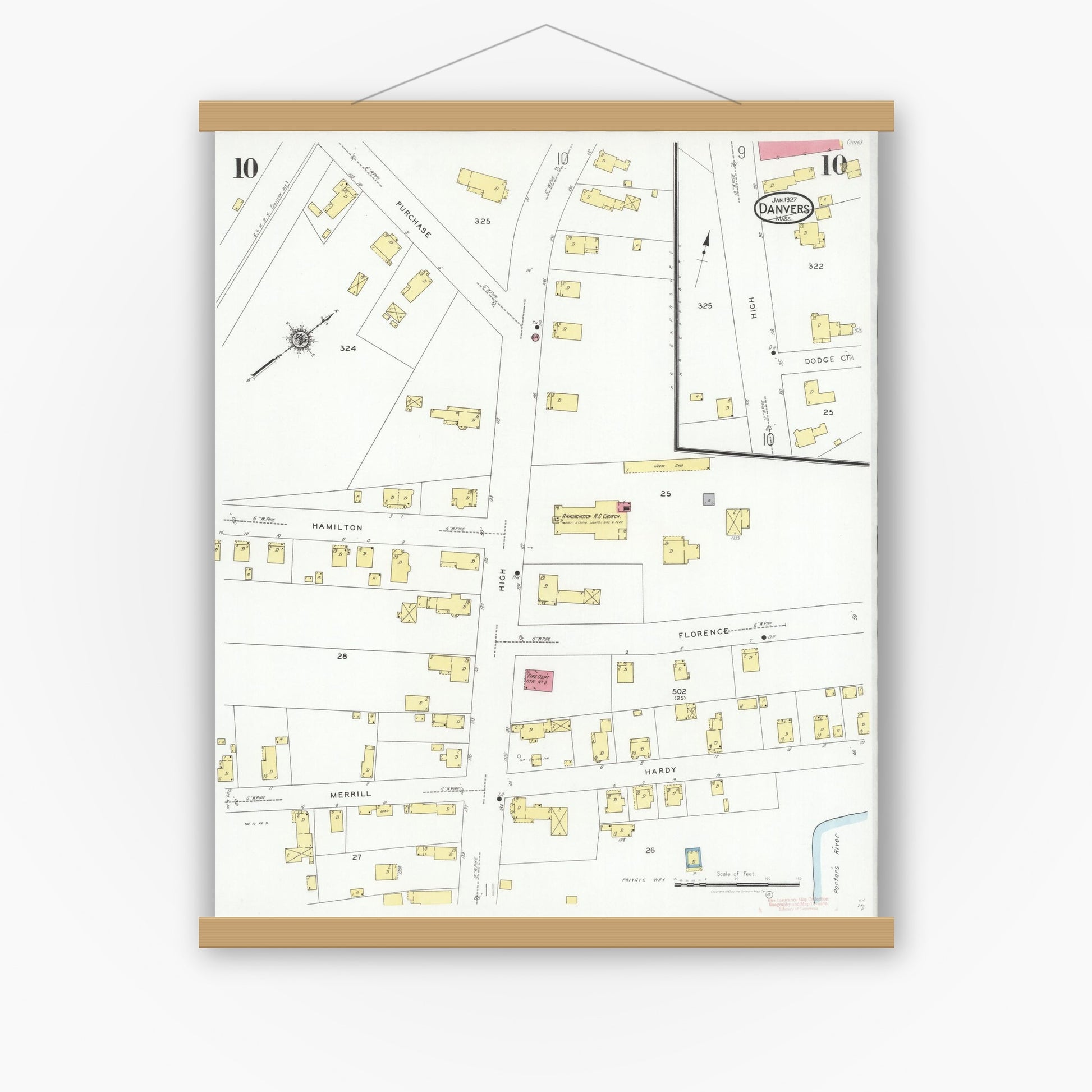 Old map wall art mockup — magnetic wood frame on white wall — Sanborn Fire Insurance Map from Danvers, Essex County, Massachusetts (1927), Sheet #0010