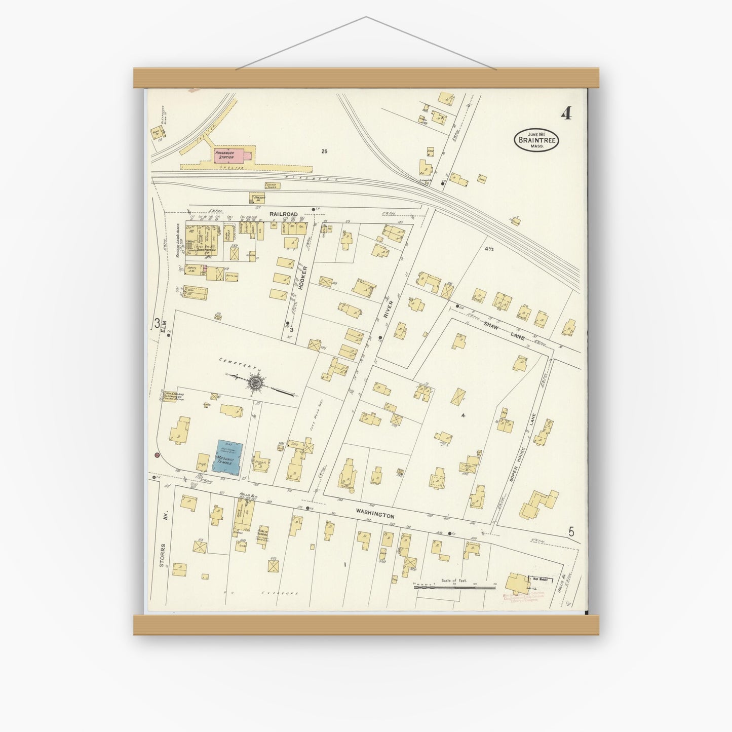Old map wall art mockup — magnetic wood frame on white wall — Sanborn Fire Insurance Map from Braintree, Norfolk County, Massachusetts (1911), Sheet #0004