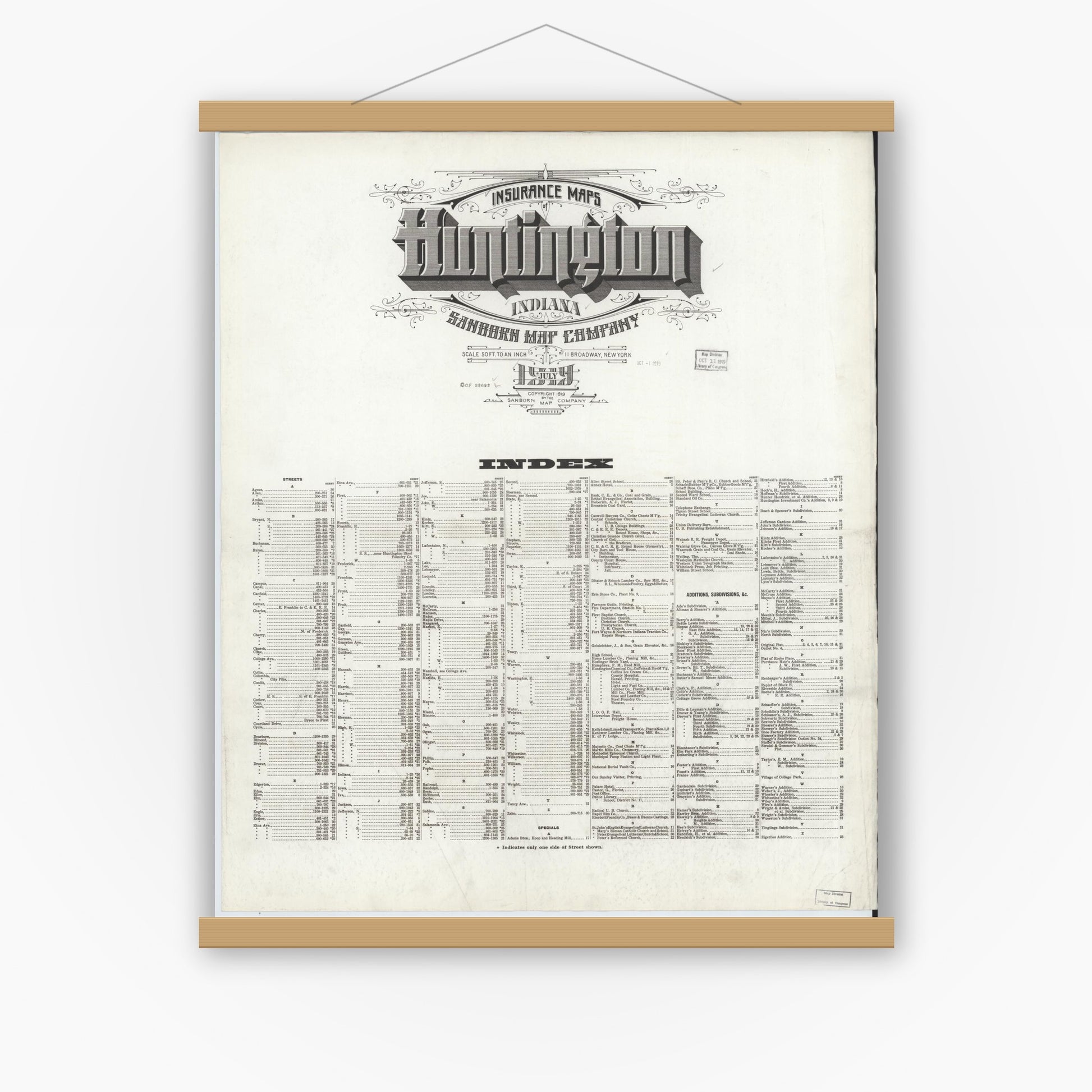 Old map wall art mockup — magnetic wood frame on white wall — Sanborn Fire Insurance Map from Huntington, Huntington County, Indiana (1919), Sheet #0001