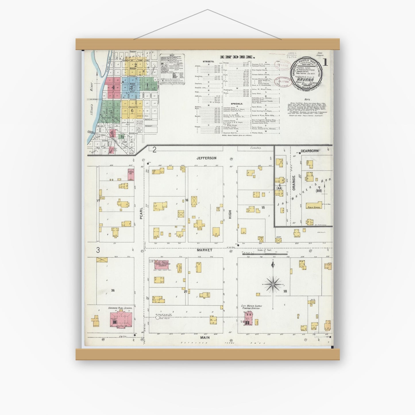 Old map wall art mockup — magnetic wood frame on white wall — Sanborn Fire Insurance Map from Havana, Mason County, Illinois (1899), Sheet #0001