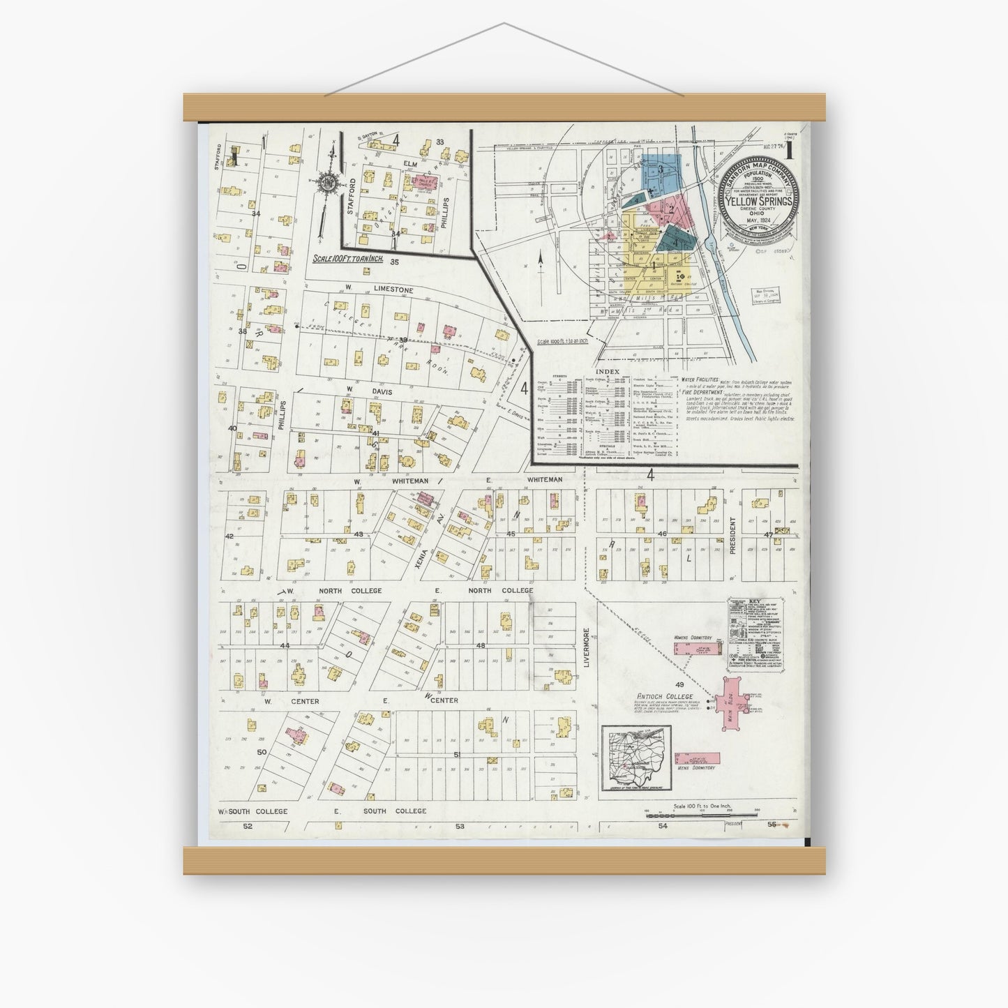 Old map wall art mockup — magnetic wood frame on white wall — Sanborn Fire Insurance Map from Yellow Springs, Greene County, Ohio (1924), Sheet #0001