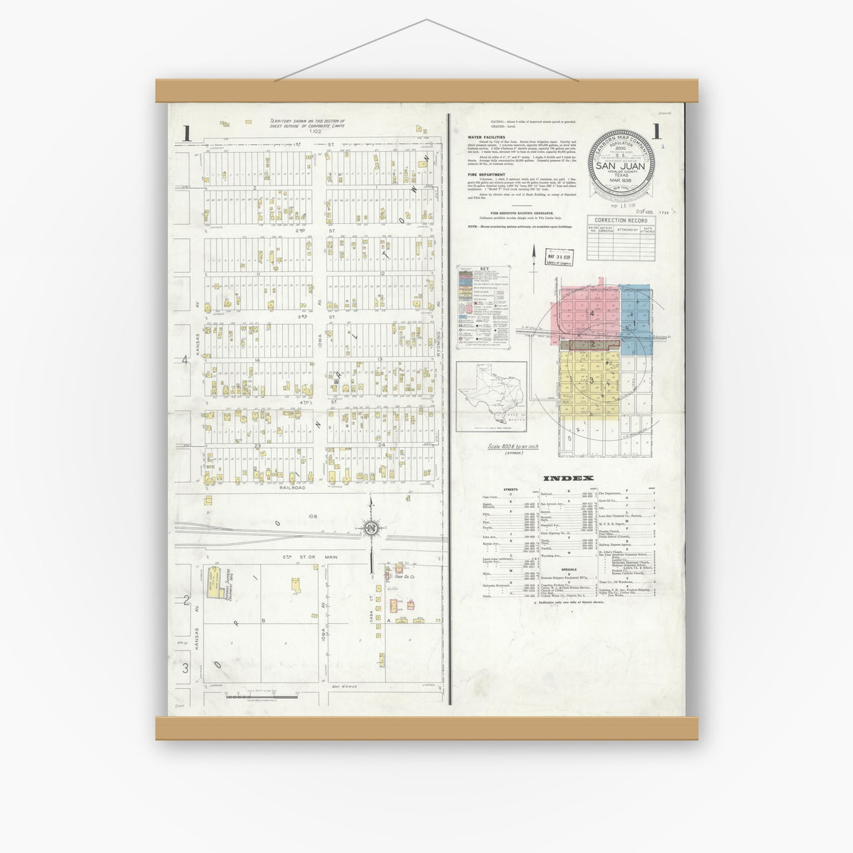 Old map wall art mockup — magnetic wood frame on white wall — Sanborn Fire Insurance Map from San Juan, Hidalgo County, Texas (1938) - Complete Map Set