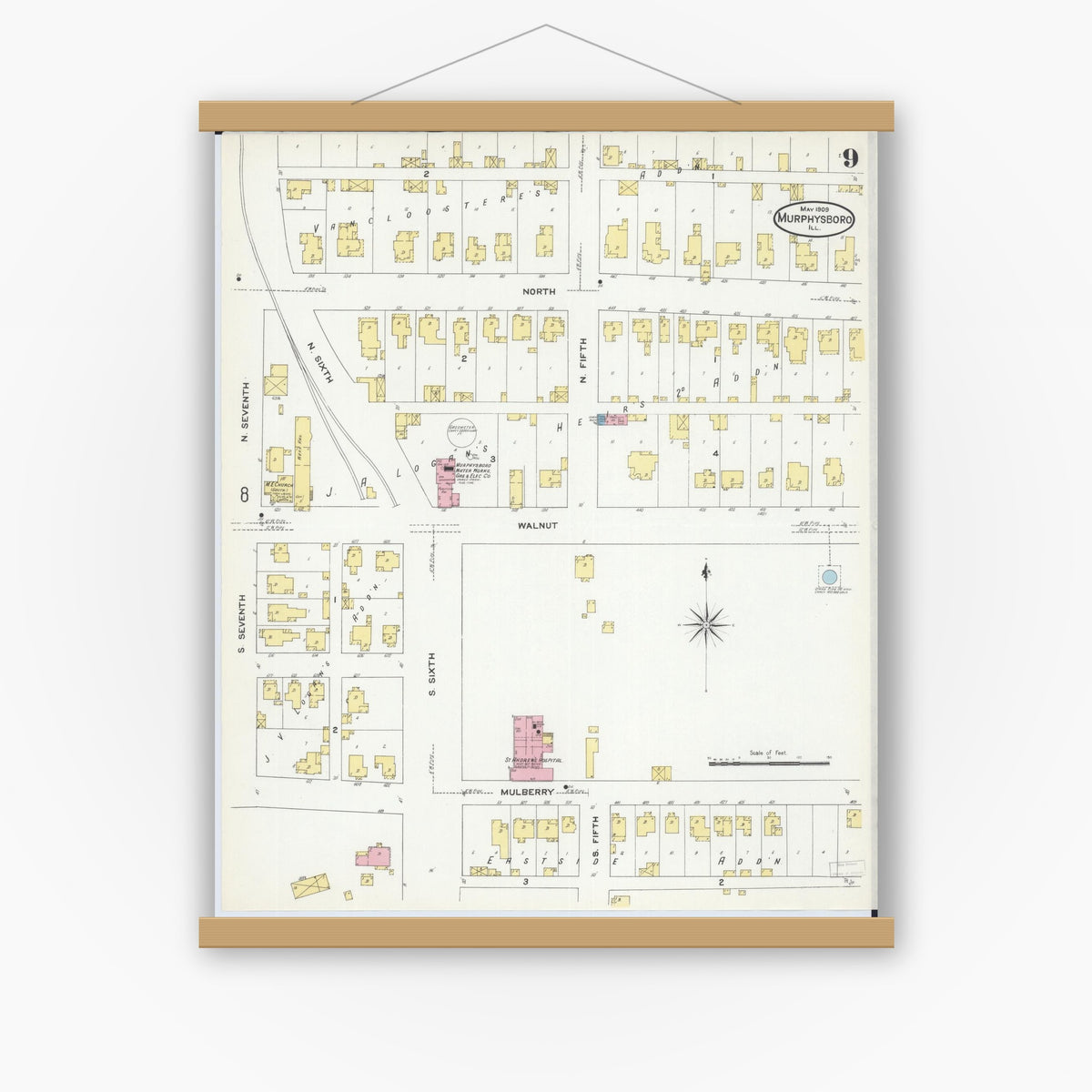 Old map wall art mockup — magnetic wood frame on white wall — Sanborn Fire Insurance Map from Murphysboro, Jackson County, Illinois (1909), Sheet #0009