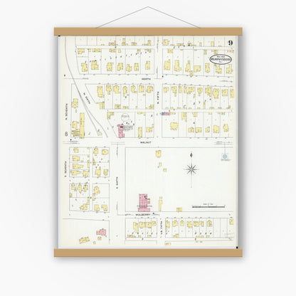 Old map wall art mockup — magnetic wood frame on white wall — Sanborn Fire Insurance Map from Murphysboro, Jackson County, Illinois (1909), Sheet #0009