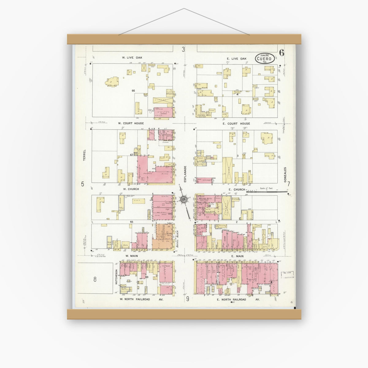 Old map wall art mockup — magnetic wood frame on white wall — Sanborn Fire Insurance Map from Cuero, De Witt County, Texas (1912), Sheet #0006