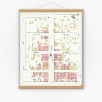 Old map wall art mockup — magnetic wood frame on white wall — Sanborn Fire Insurance Map from Cuero, De Witt County, Texas (1912), Sheet #0006