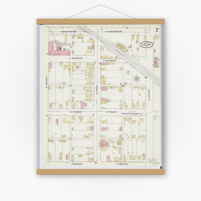 Old map wall art mockup — magnetic wood frame on white wall — Sanborn Fire Insurance Map from Galion, Crawford County, Ohio (1892), Sheet #0007