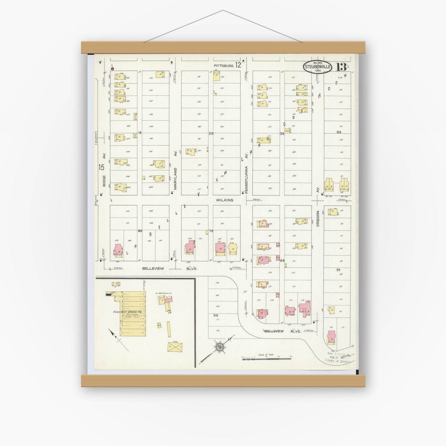 Old map wall art mockup — magnetic wood frame on white wall — Sanborn Fire Insurance Map from Steubenville, Jefferson County, Ohio (1913), Sheet #0013