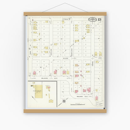 Old map wall art mockup — magnetic wood frame on white wall — Sanborn Fire Insurance Map from Steubenville, Jefferson County, Ohio (1913), Sheet #0013