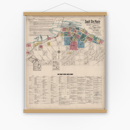 Old map wall art mockup — magnetic wood frame on white wall — Sanborn Fire Insurance Map from Sault Sainte Marie, Chippewa County, Michigan (1922) - Complete Map Set