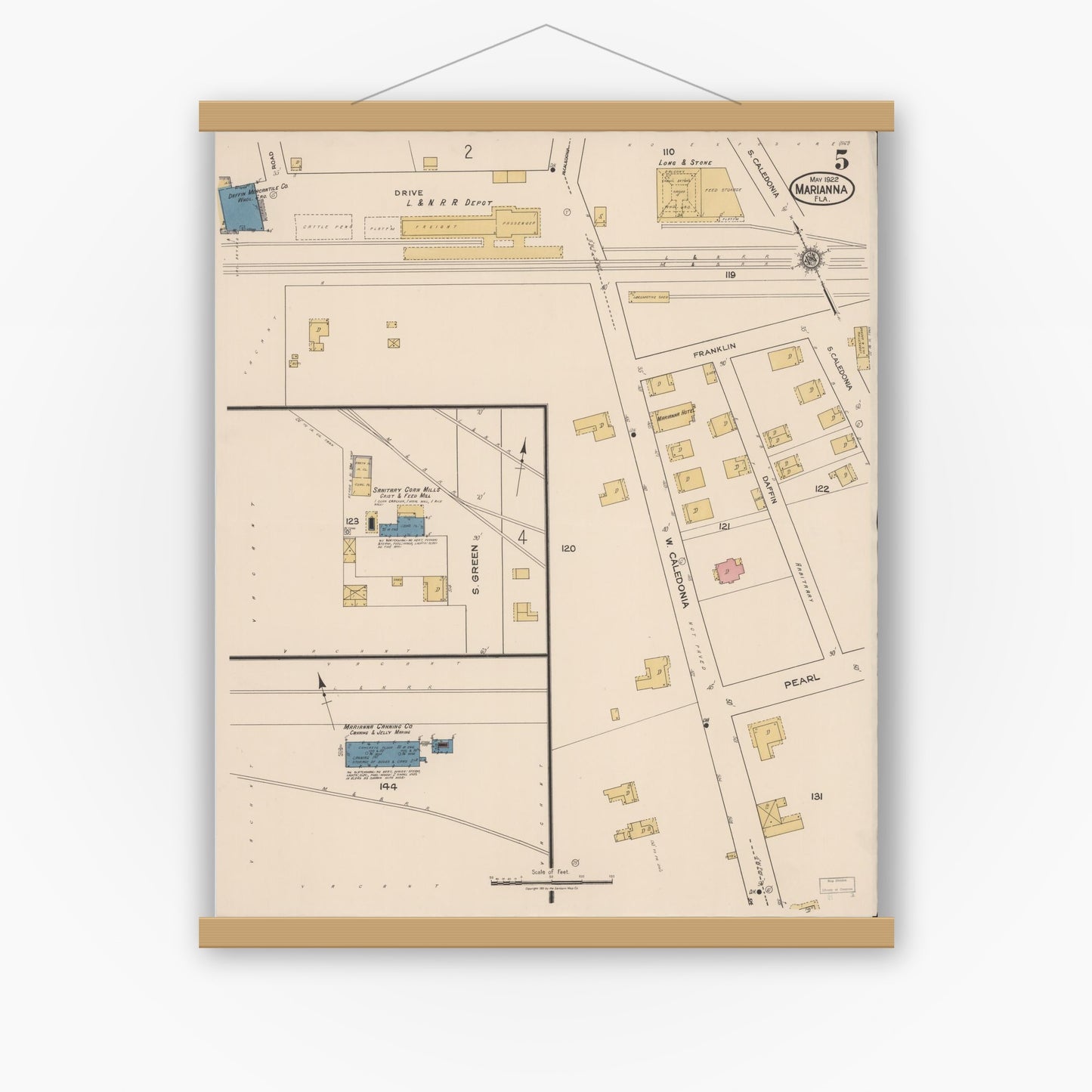 Old map wall art mockup — magnetic wood frame on white wall — Sanborn Fire Insurance Map from Marianna, Jackson County, Florida (1922), Sheet #0005