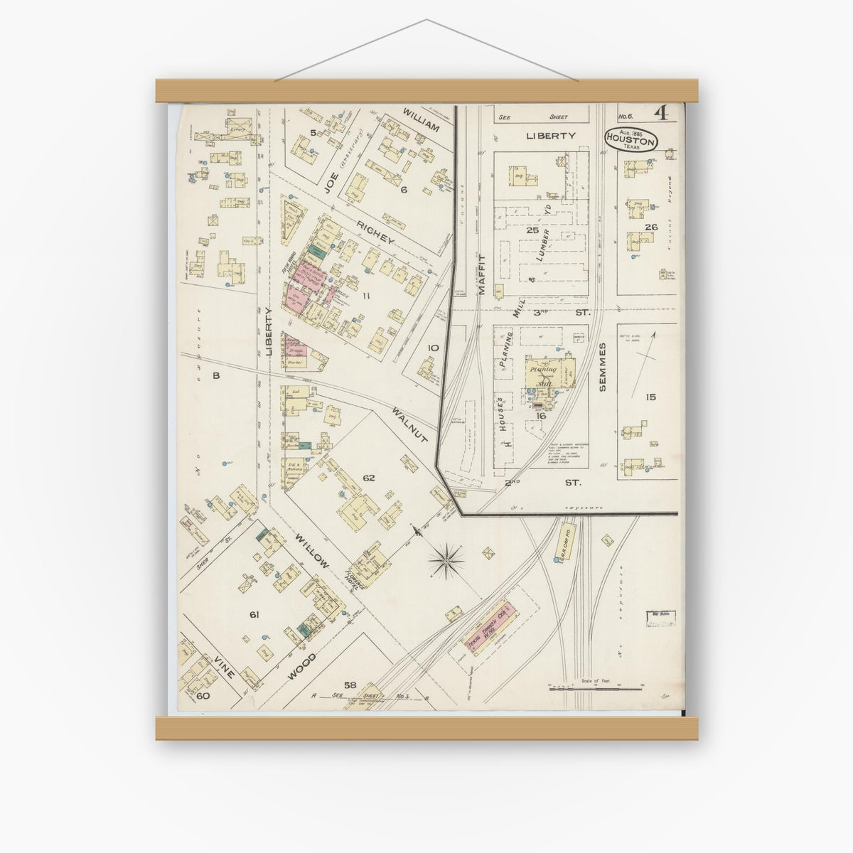 Old map wall art mockup — magnetic wood frame on white wall — Sanborn Fire Insurance Map from Houston, Harris County, Texas (1885), Sheet #0004